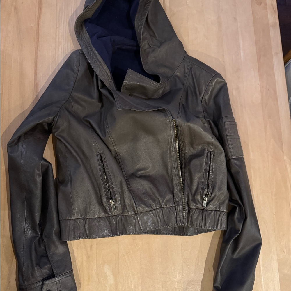 Women's cropped Brown bomber hooded pleather Jacket